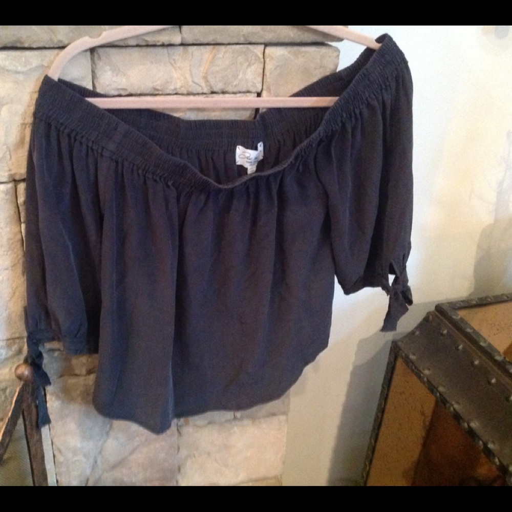Off shoulder  black silk loose fitting top